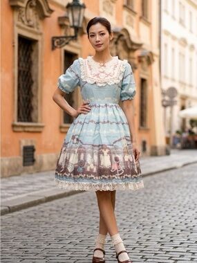 2174 - Pastel Blue Vintage-Style Lace Collar Tea Dress (Crinoline Not included).